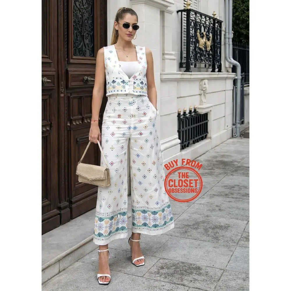 Zara NWT Embroidered Linen Blend Vest Wide Leg Pants Set M